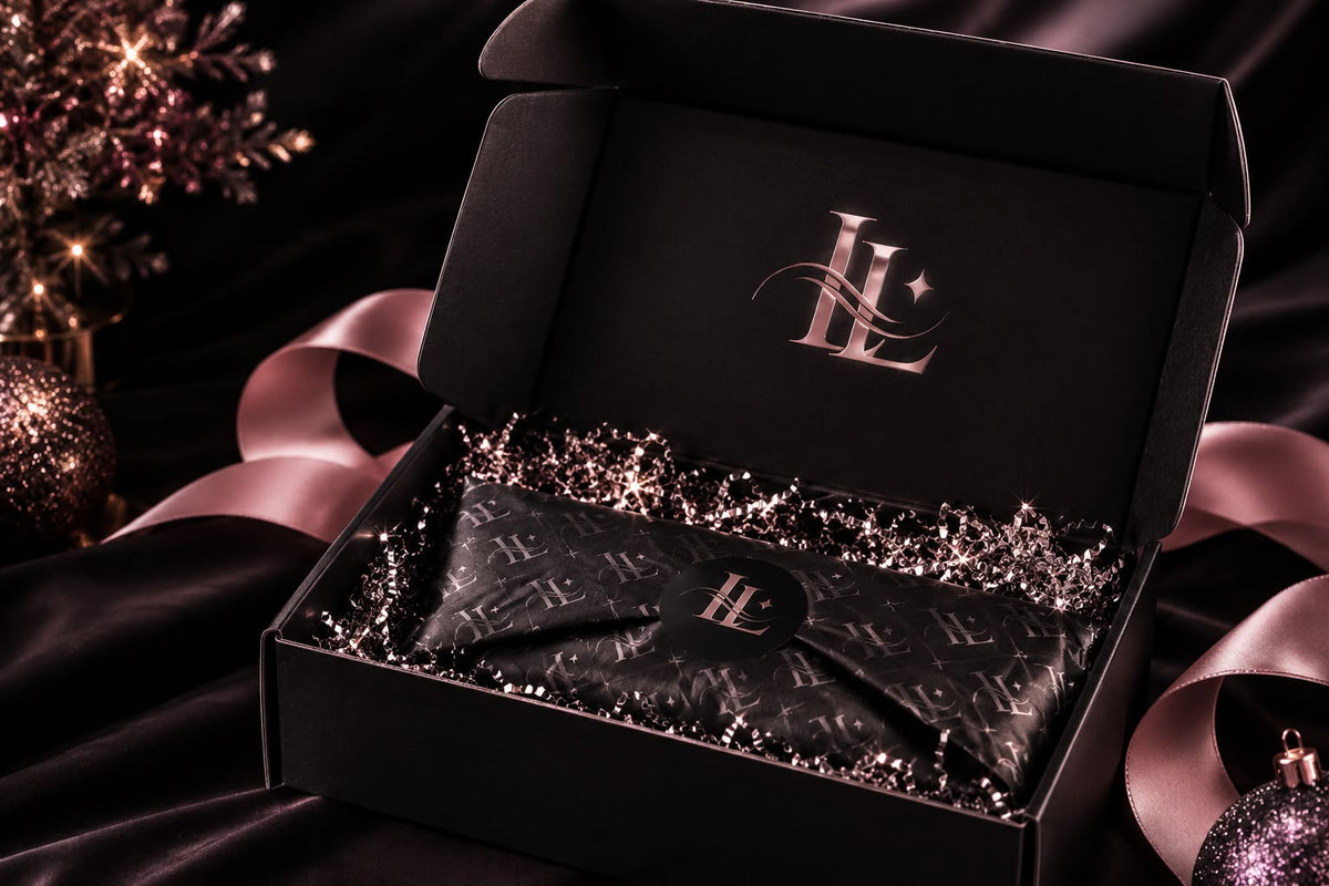 Caja navideña Luxury Lash negra con viruta plateada